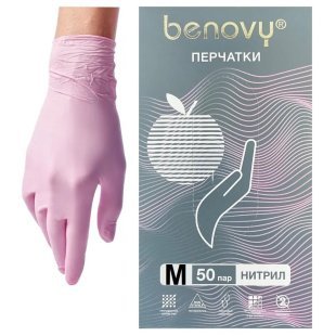 BENOVY перчатки нитриловые (розовые) M (50 пар/уп)